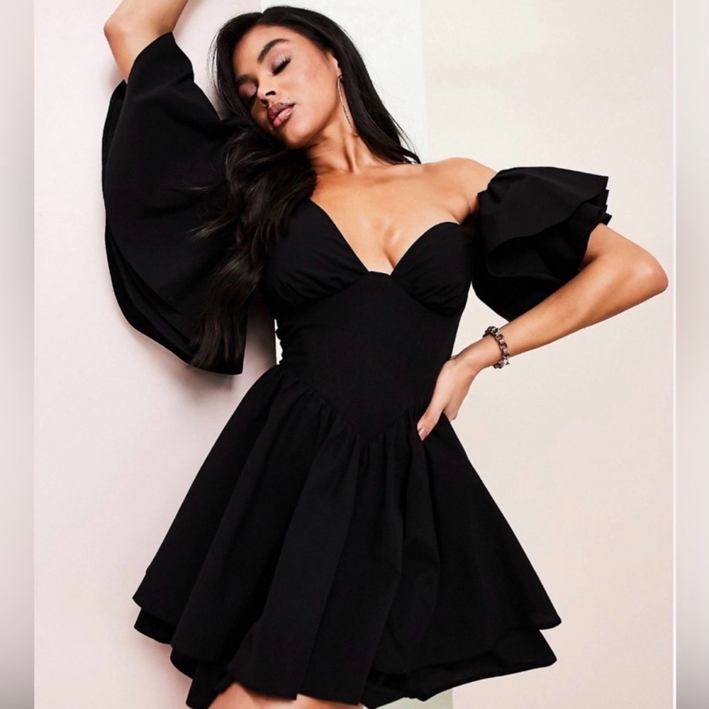 ASOS LUXE One Shoulder Cotton Dress with Corset Detail and Ruffles
